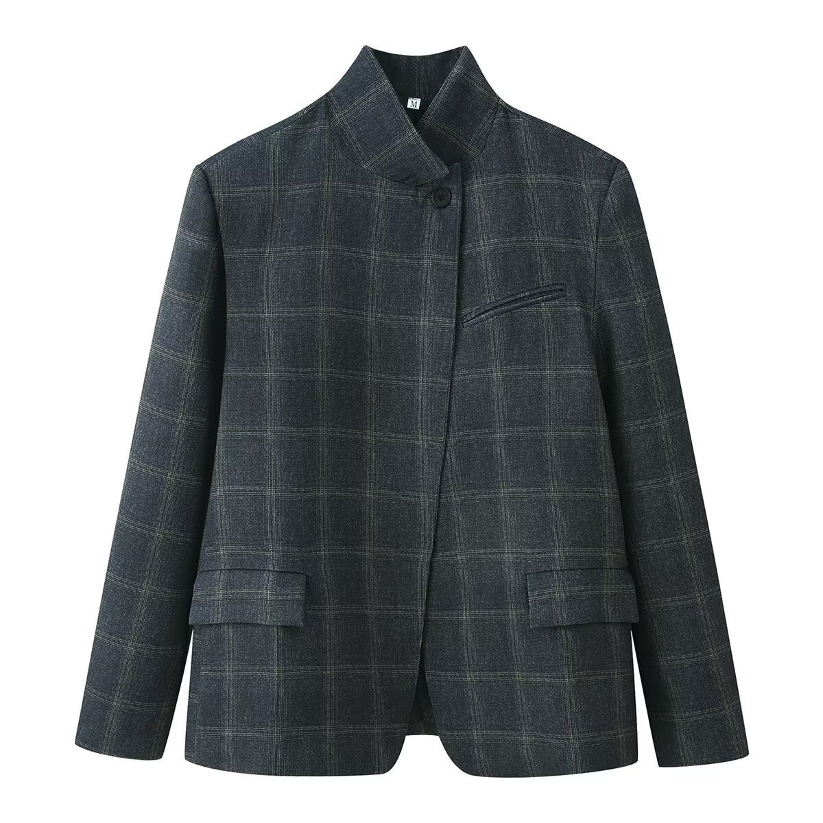 Women's box blazer with stand-up collar, asymmetric single-button placket and fine checked pattern Chichicherry
