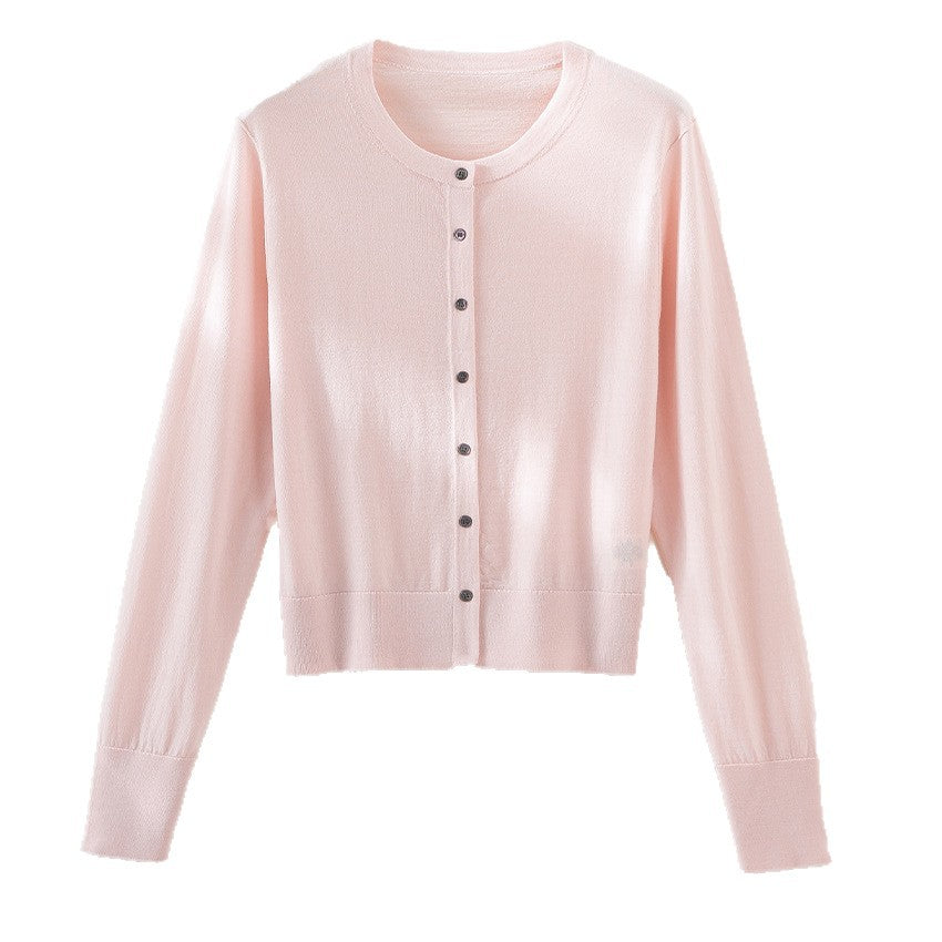 Women's light fine knit cardigan in cropped cut with round neck and continuous button placket Chichicherry