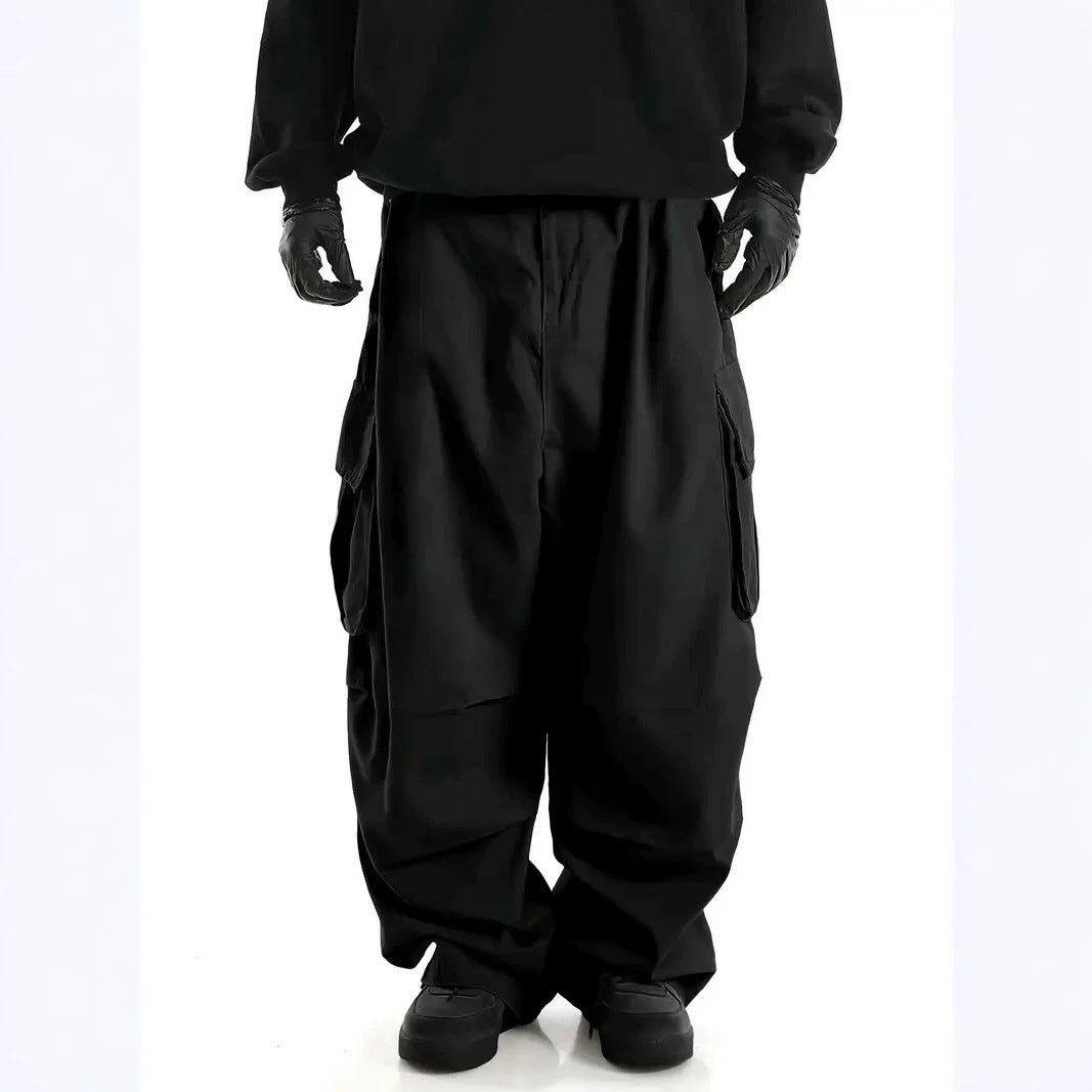 Men's Wide Baggy Utility Cargo Pants with Multi-Pockets and Low Crotch Chichicherry