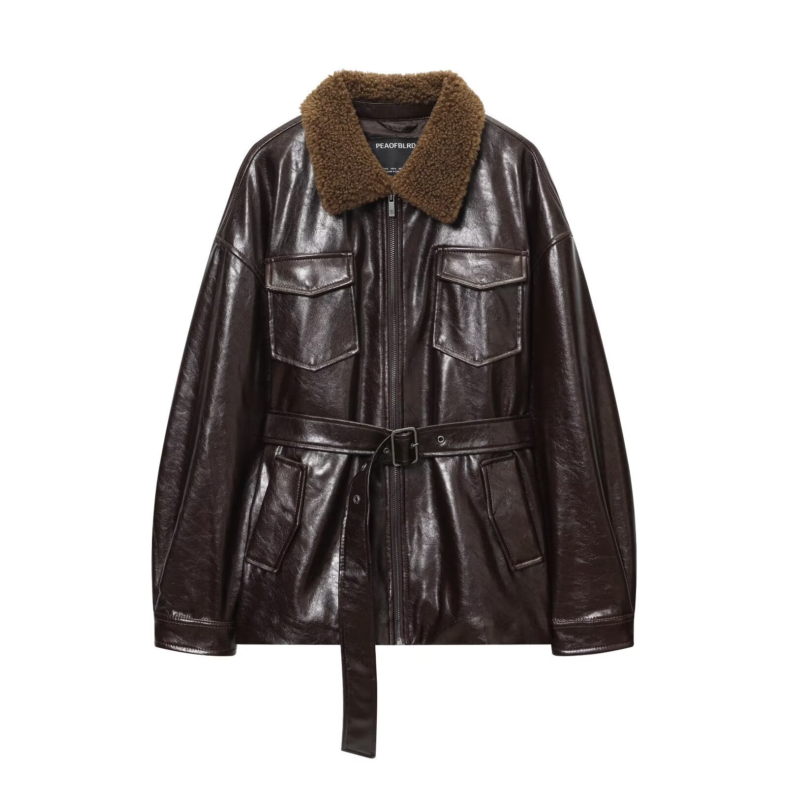 Women's Oversized Faux Leather Jacket with Teddy Collar and Waist Belt Chichicherry