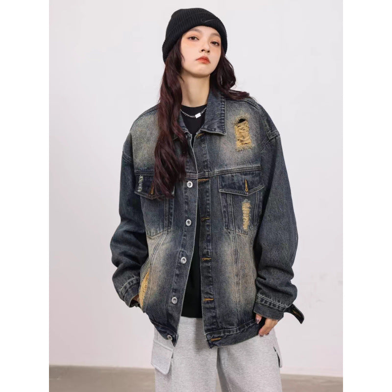 Unisex Vintage-Style Denim-Worker-Jacke mit Repair-Details und geradem Schnitt Chichicherry
