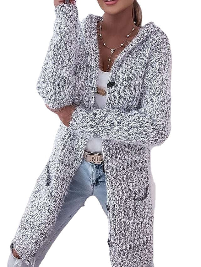 Women Longer Mélange Cozy Cardigan with Hood, Horn Button and Pockets Chichicherry