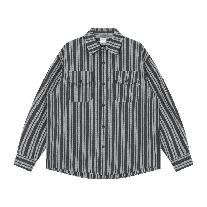 Men's oversized shirt jacket with vertical stripes, patch chest pockets, and rounded hem Chichicherry