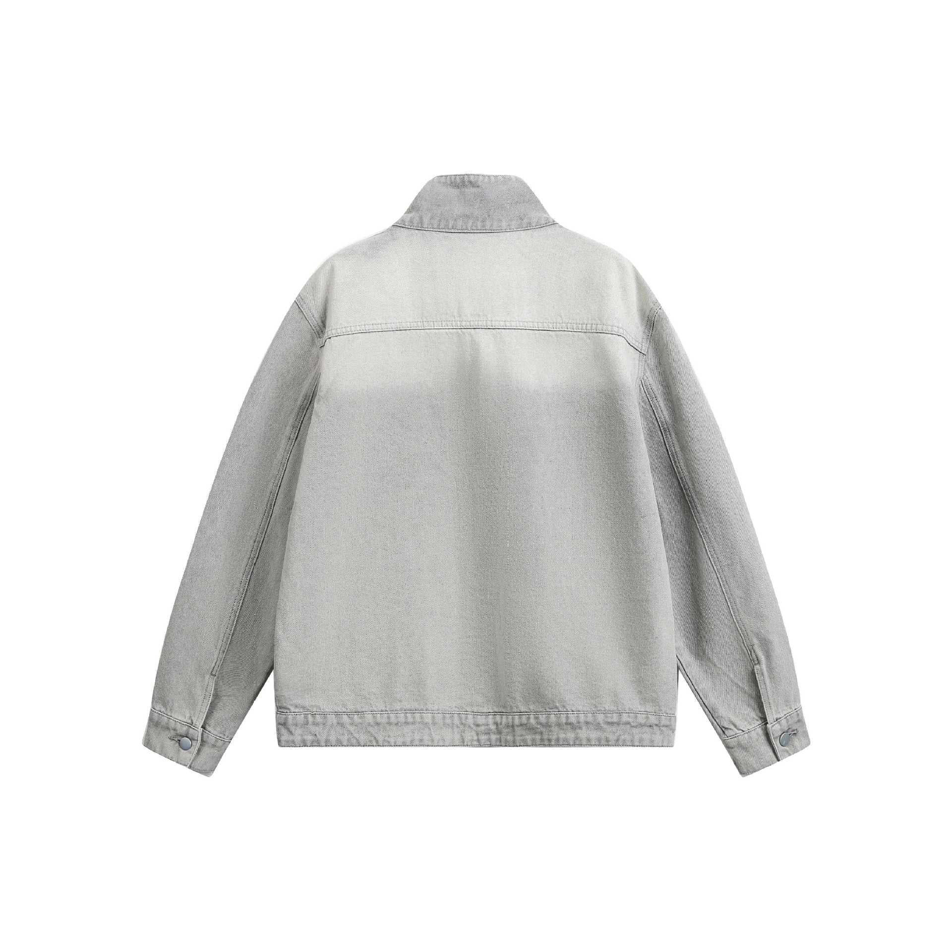 Unisex Boxy Denim Jacket with asymmetrical snap button placket and high stand-up collar Chichicherry