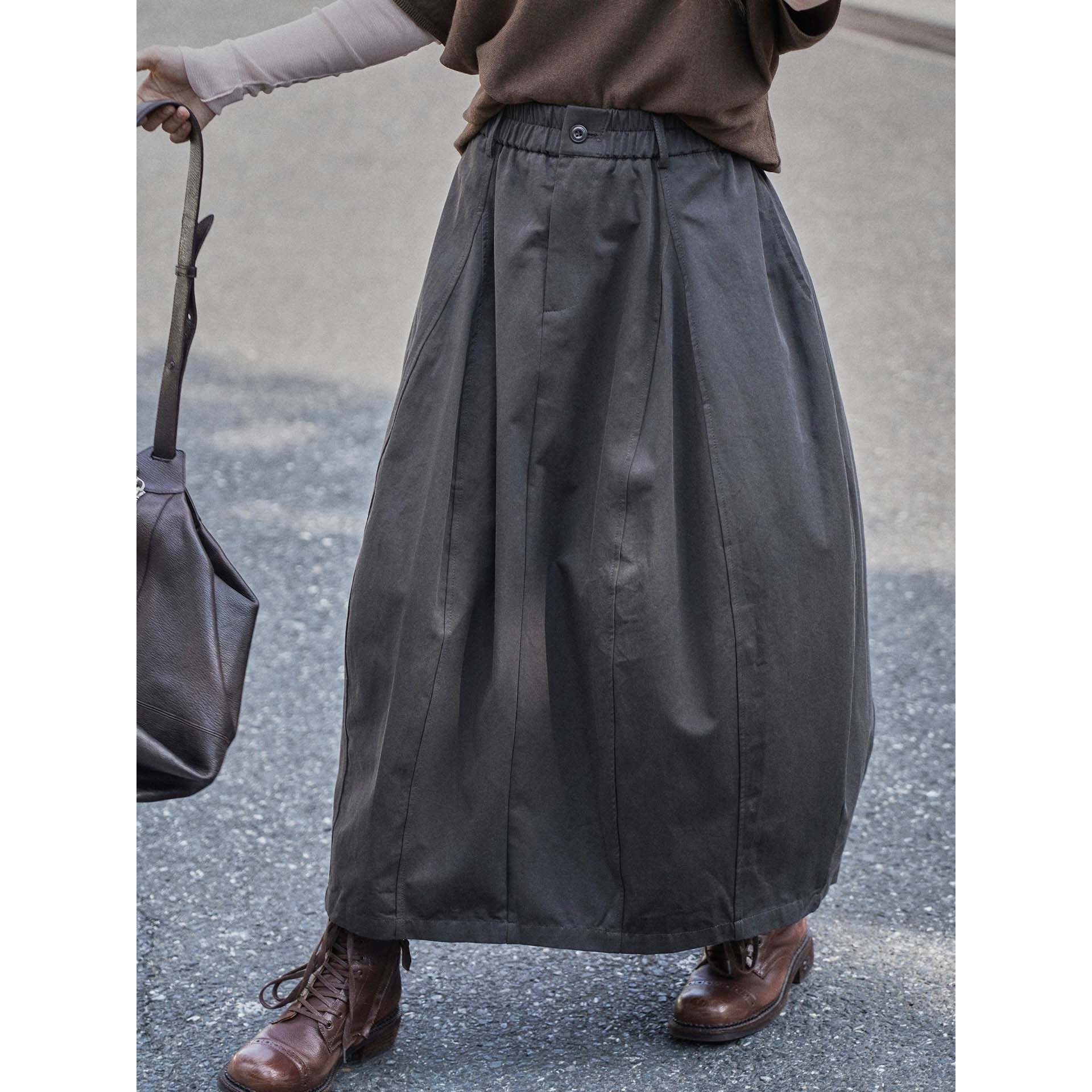 Women Wide Midi-Length Pleated Skirt with Elastic Button Waistband Chichicherry