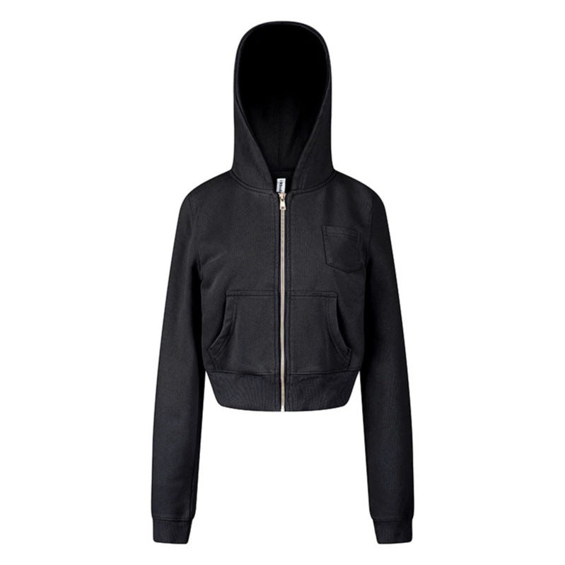 Women's cropped hooded sweatshirt jacket with full zipper in boxy cut and chest pocket Chichicherry