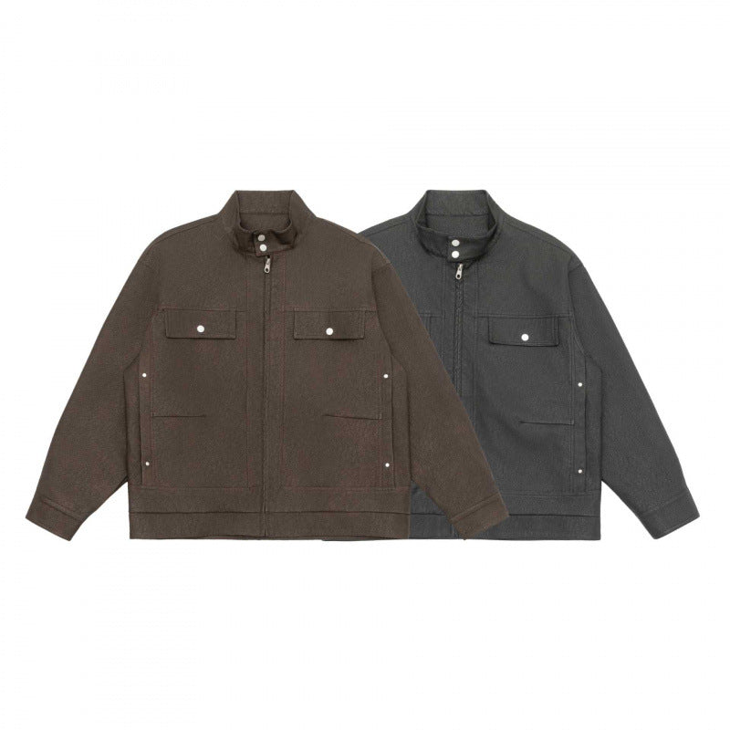 Unisex Boxy Shirt Jacket in Worker Style with Stand Collar, Front Zipper and Flap Pockets Chichicherry