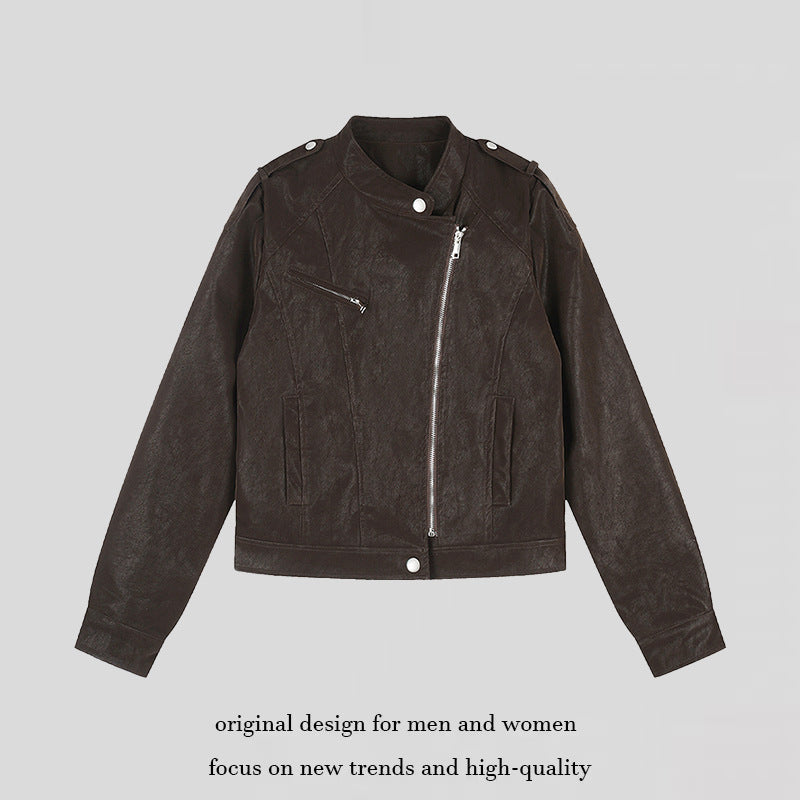 Women short-cut biker jacket made of faux leather with asymmetrical zipper Chichicherry