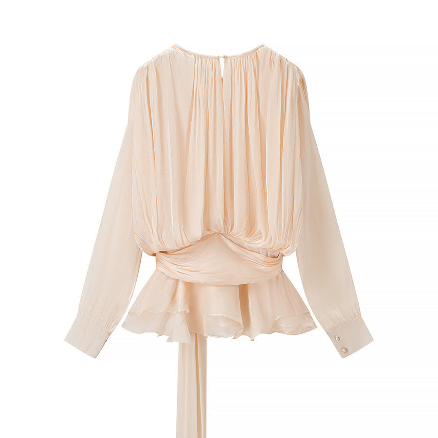 Women's chiffon blouse with draped corset look, ruffled peplum and tie belt Chichicherry