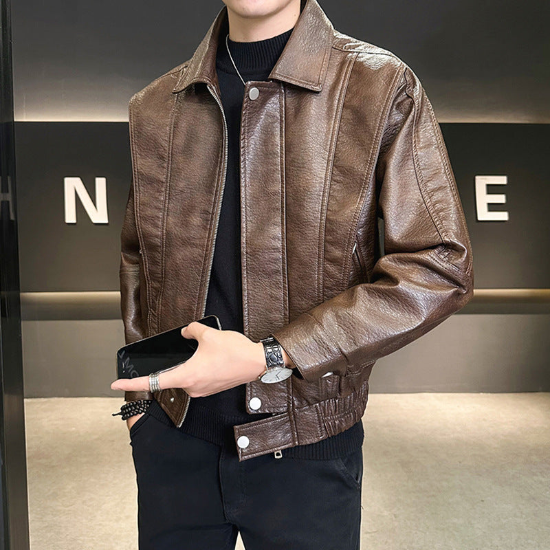 Herren Kurzer Oversized Lederimitat-Blouson mit Stehkragen, Reißverschluss und elastischem Saum Chichicherry