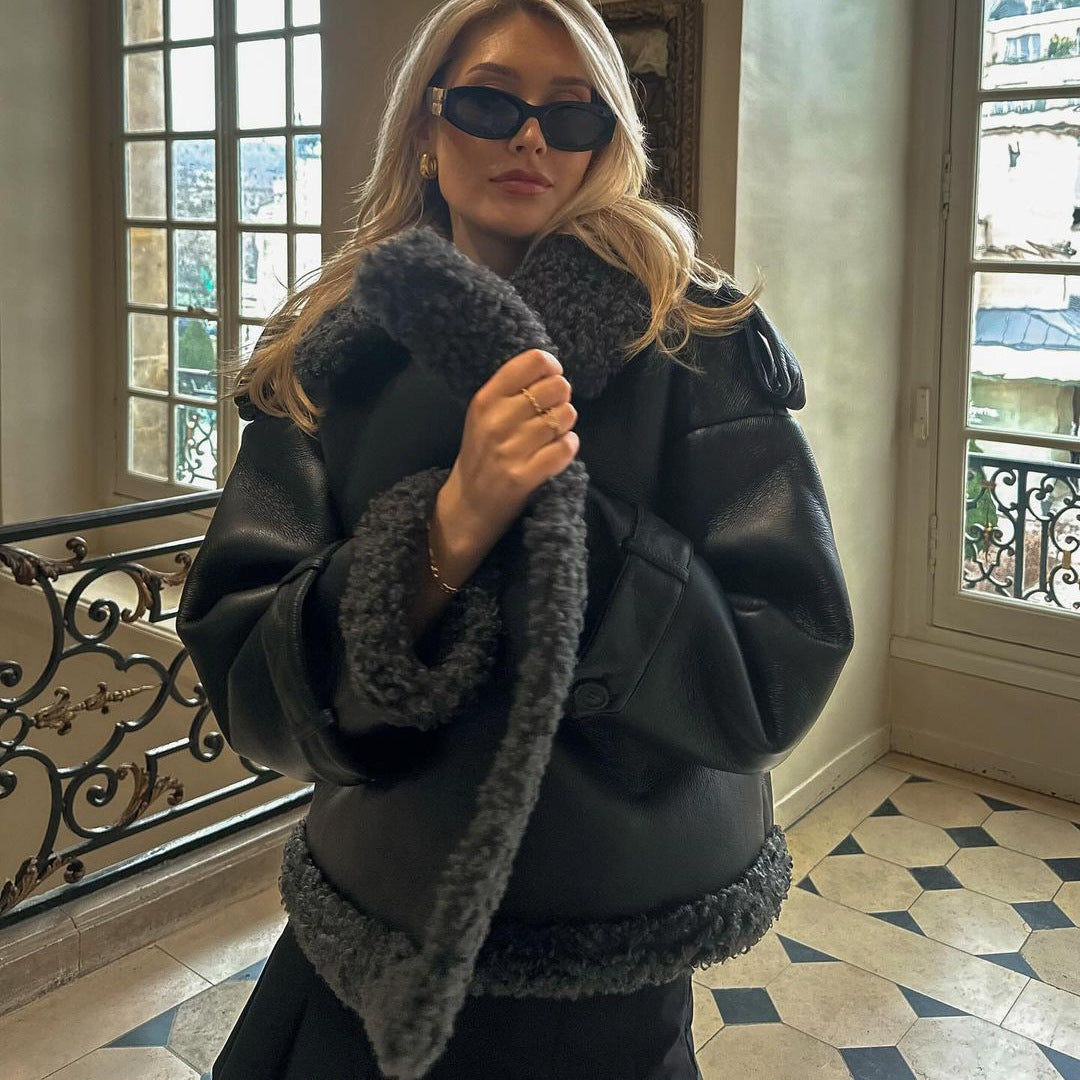Women Short Flight Jacket Made of Faux Leather with Teddy Fur Collar and Waist Belt Chichicherry