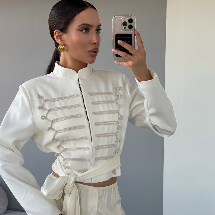 Women Cropped Military Blazer with Stand Collar and Decorative Cord Decoration Chichicherry