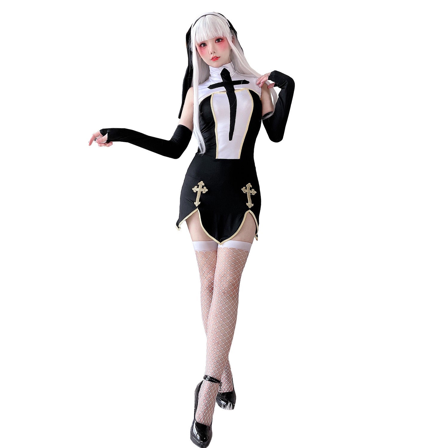 Women's Gothic Mini Dress with Lace Sleeves and Cross Details Chichicherry