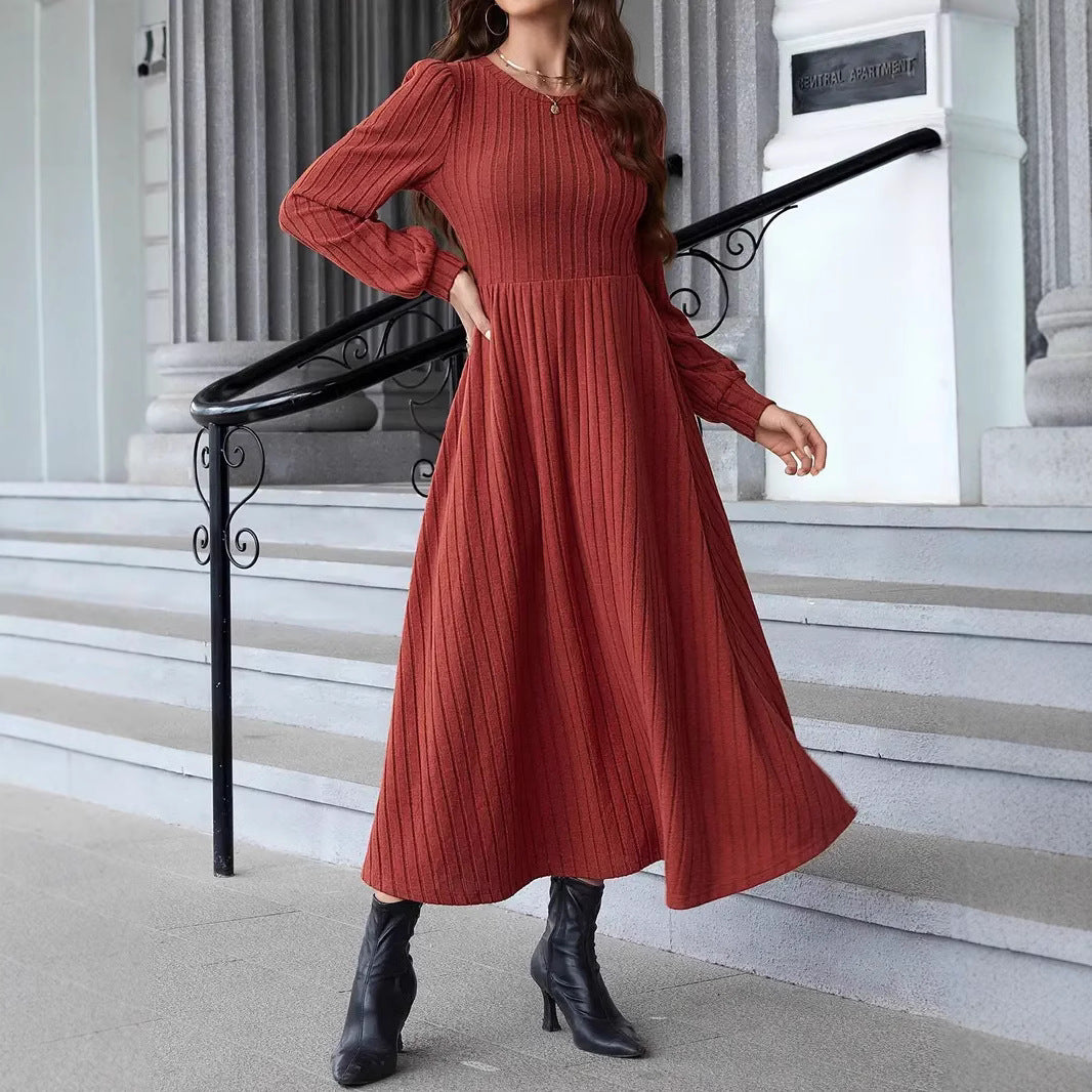 Women's Ribbed Midi Dress with Tailored Cut and Long Balloon Sleeves Chichicherry
