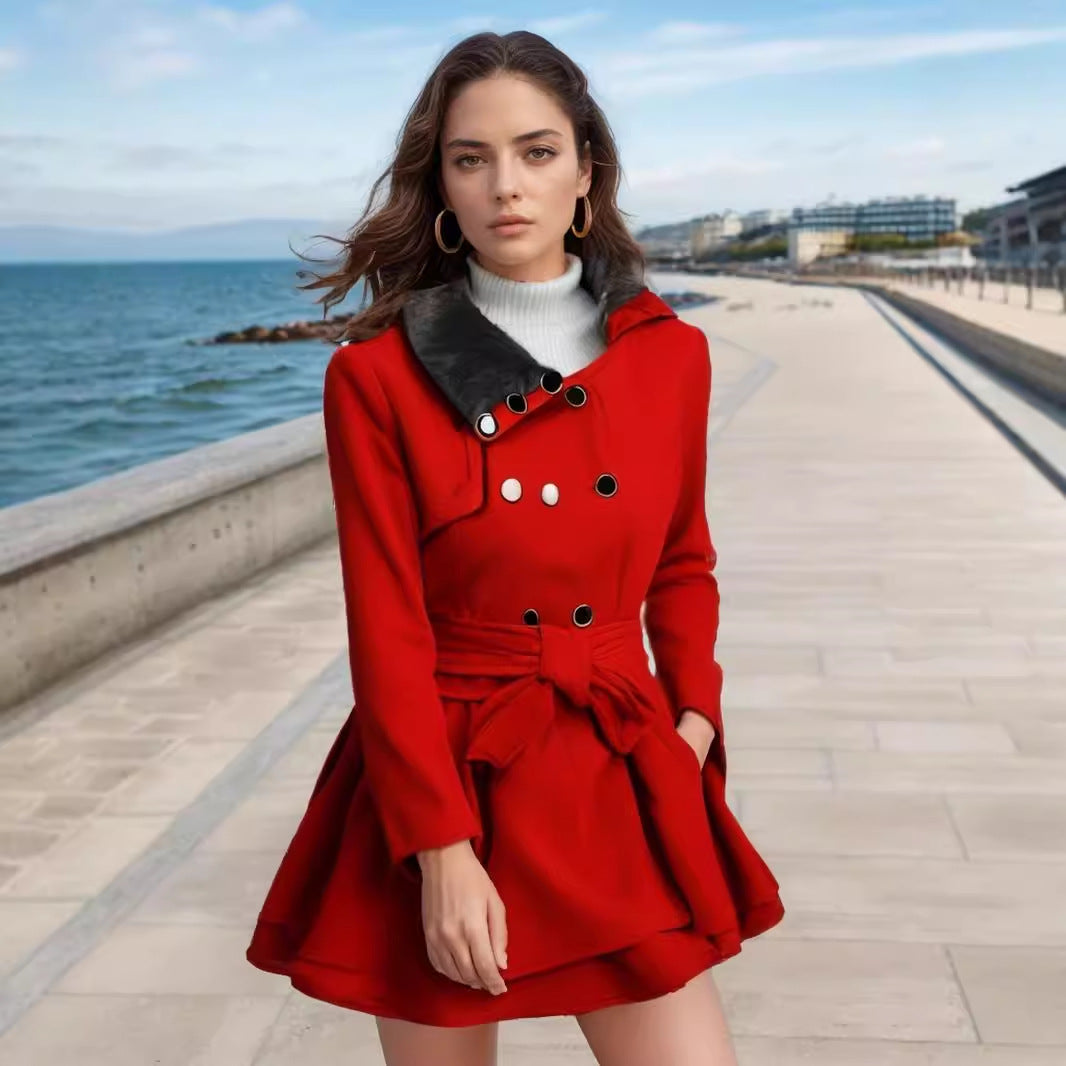 Women's Tailored Wool Mix Coat with Flared Skirt and Faux Fur Collar Chichicherry