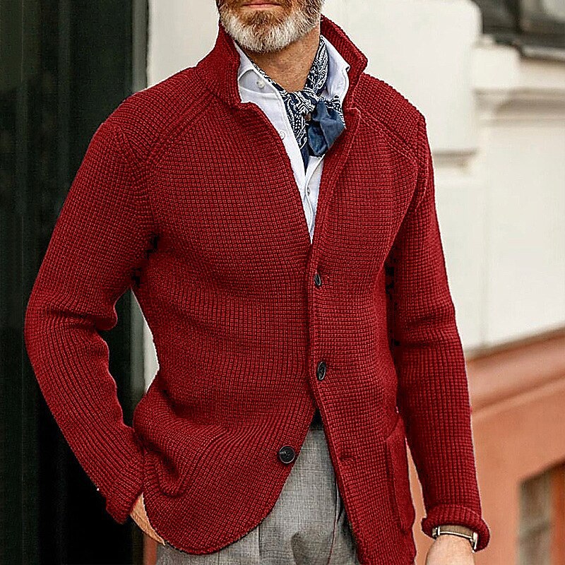 Men's Waffle Structure Cardigan Blazer with Stand-Up Collar and Patch Pockets Chichicherry