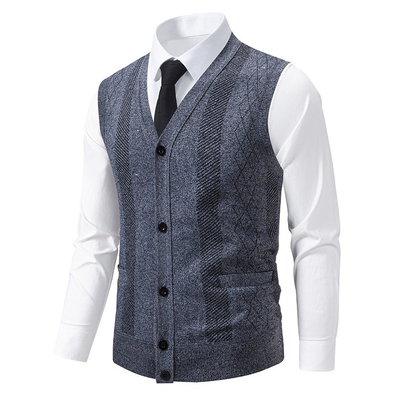 Men's Tailored Fine Knit Vest with V-Neck, Button Placket, and Side Pockets Chichicherry