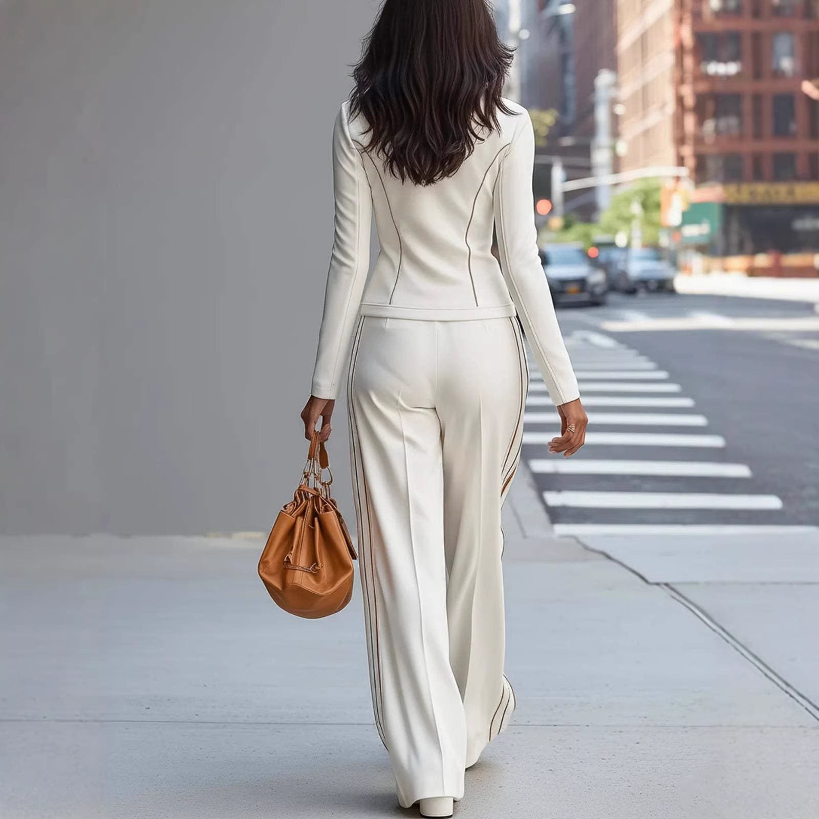 Women's Tailored Stand-Up Collar Blouson with Zipper and Wide Palazzo Pants with Piping Chichicherry