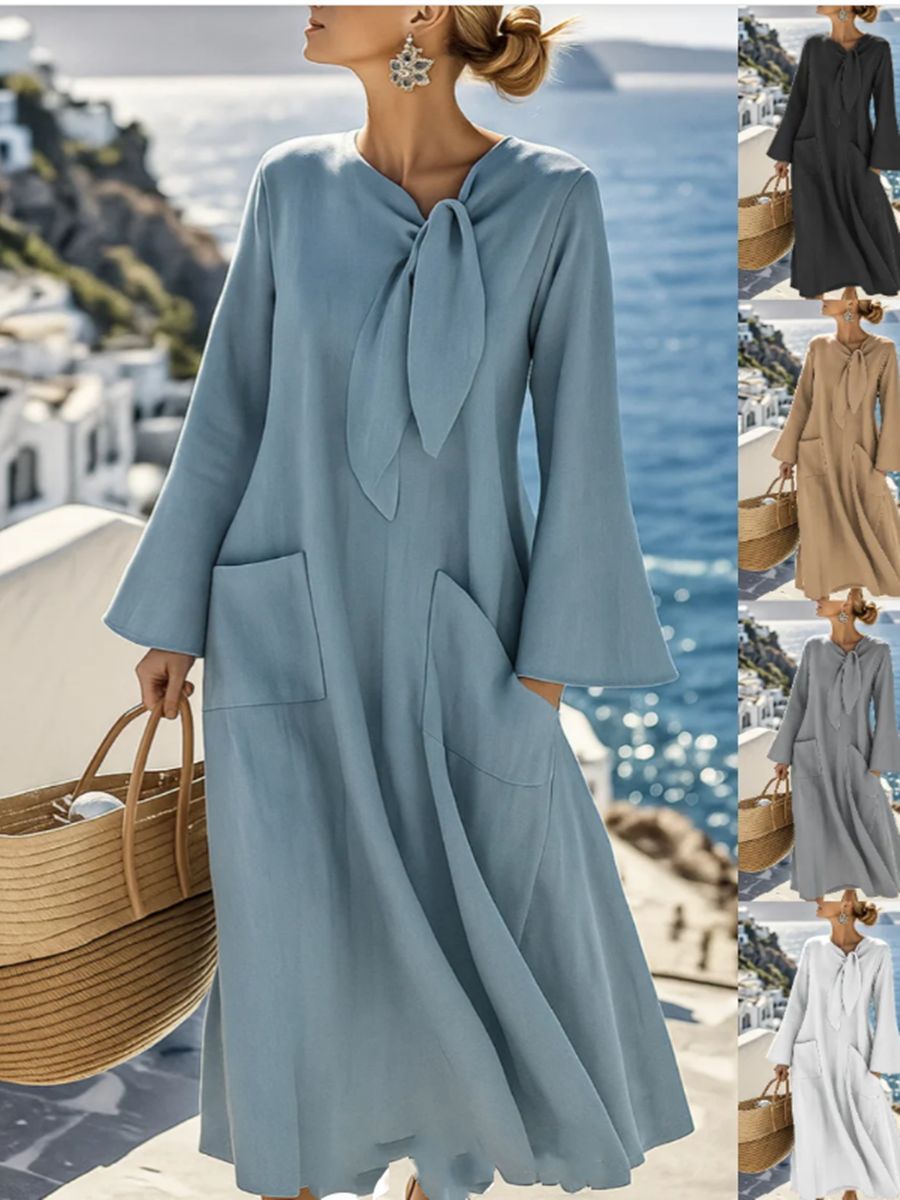 Women's Long A-Line Dress with Bow Collar and Patch Pockets Chichicherry