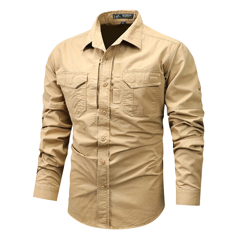 Men's Long Sleeve Canvas Field Shirt with Chest Flap Pockets Chichicherry