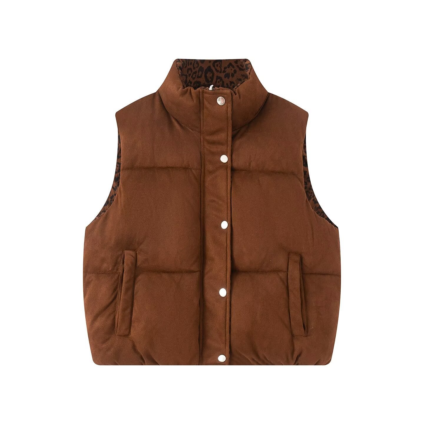 Women Padded Quilted Vest with High Stand-Up Collar and Leopard Print Lining Chichicherry