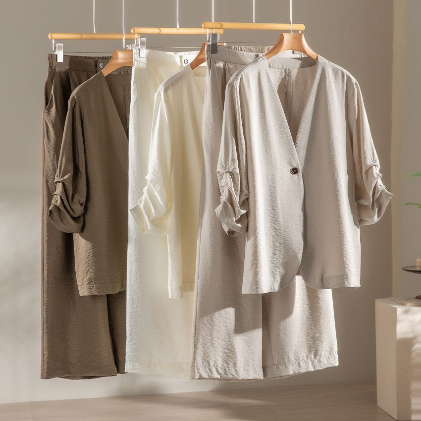 Women Lightweight Oversized Blazer with Deep V-Neck and Ruffled Sleeves Chichicherry