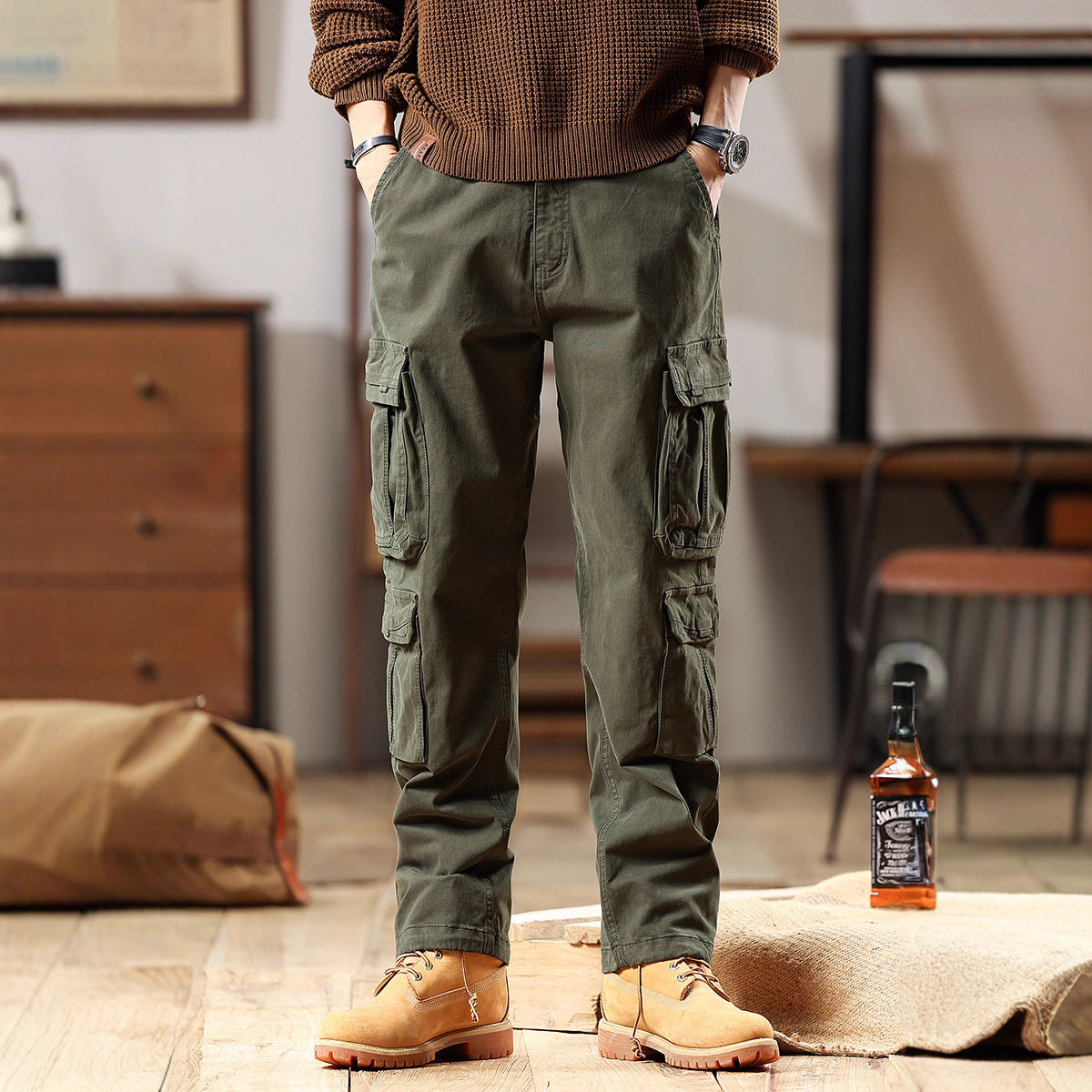 Men's Robust Cargo Pants made of Cotton Twill with Multiple Pockets Chichicherry