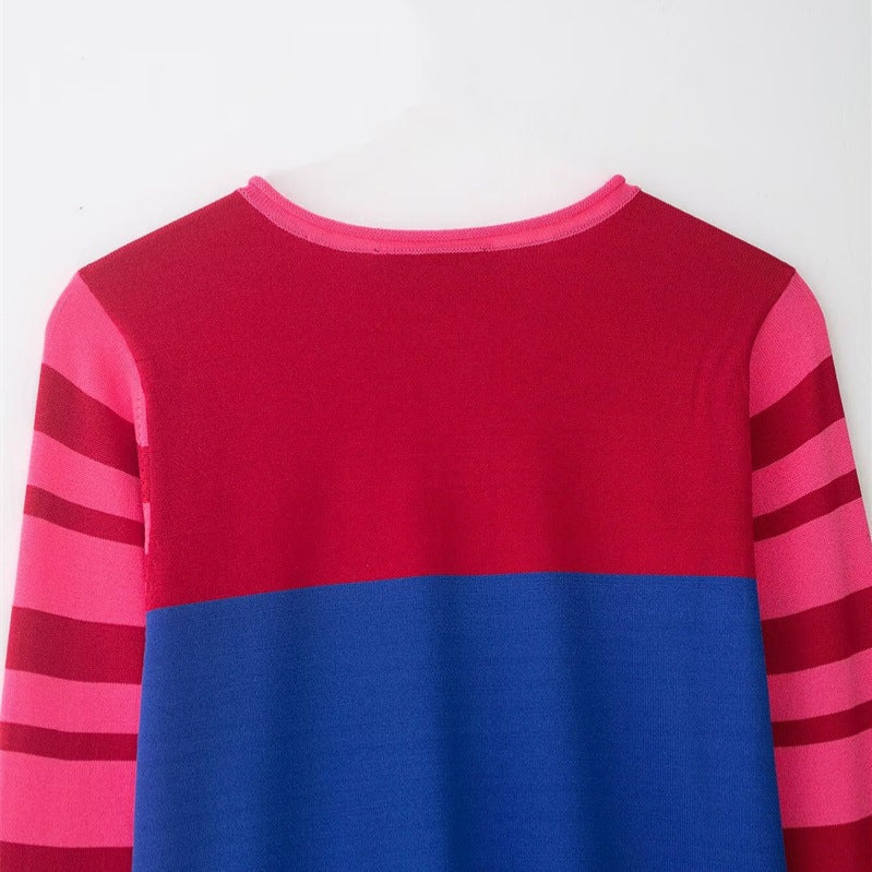 Women Cropped Cardigan with Color Block Design and Striped Sleeves Chichicherry