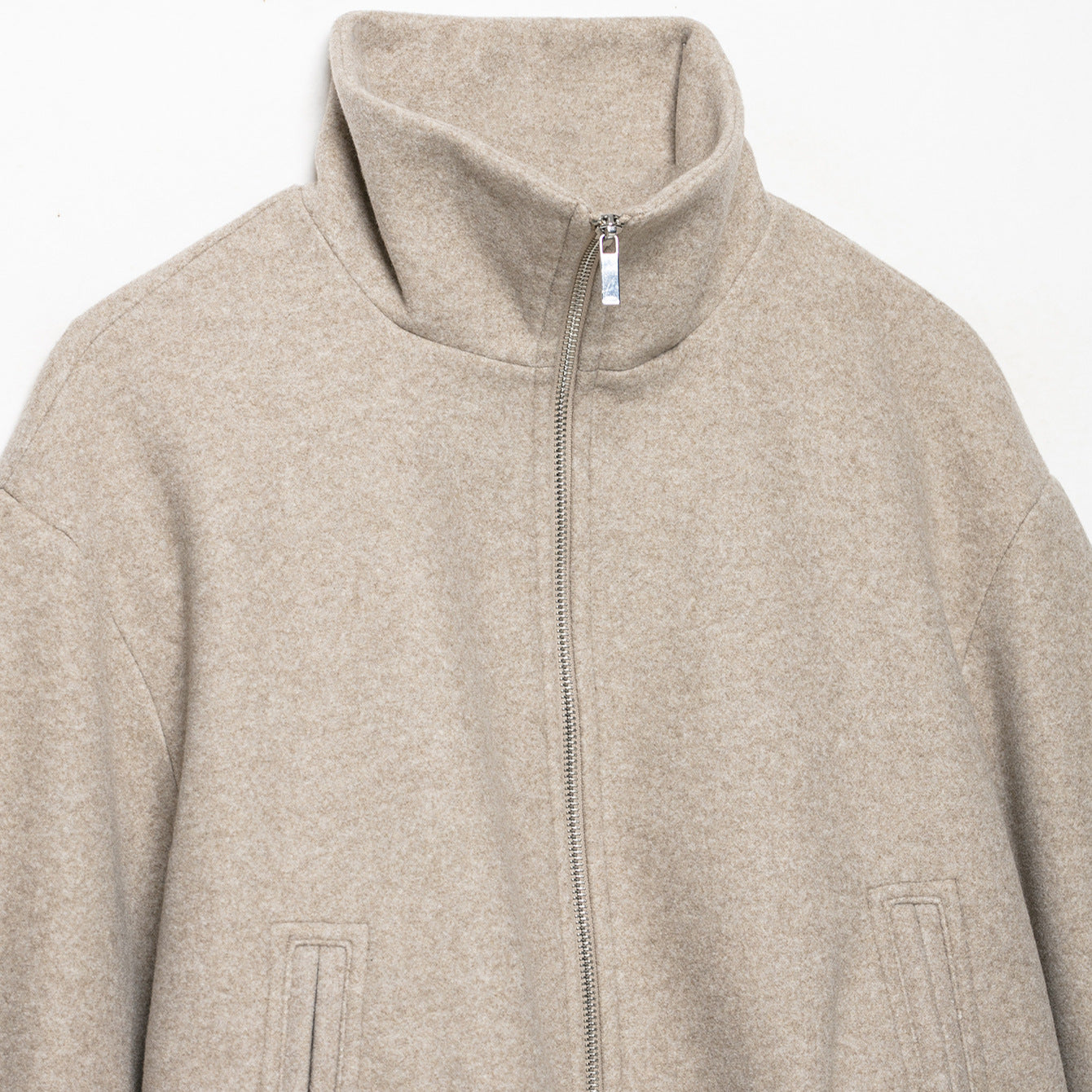 Women's Cropped Wool Blend Blouson Jacket with High Funnel Neck, Zipper and Gathered Hem