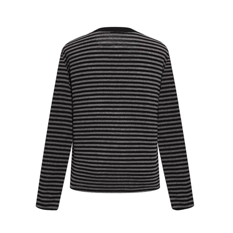Women's Striped Long Sleeve Henley Shirt with Button Placket and Graphic Patches Chichicherry