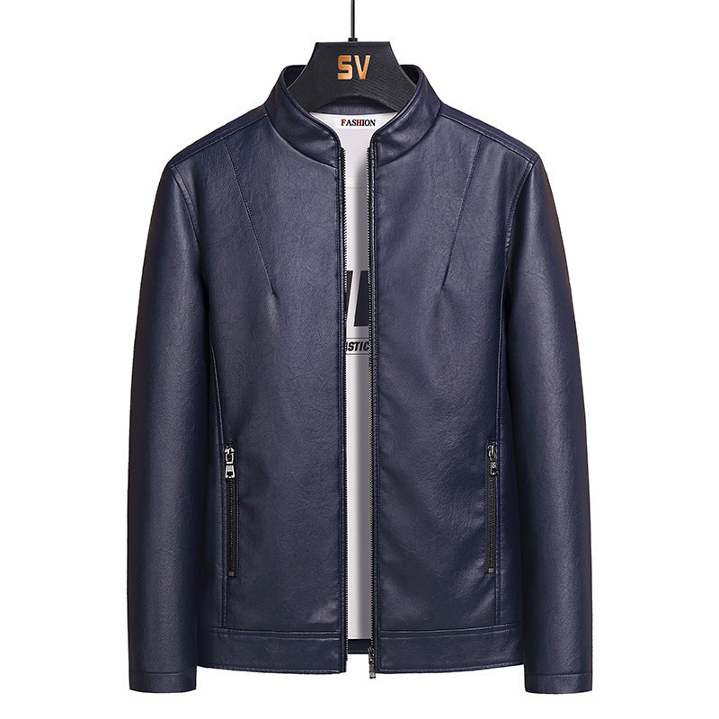 Men's Slim Faux Leather Blouson in Urban Moto Minimal Style with Stand-Up Collar and Hidden Zipper Chichicherry