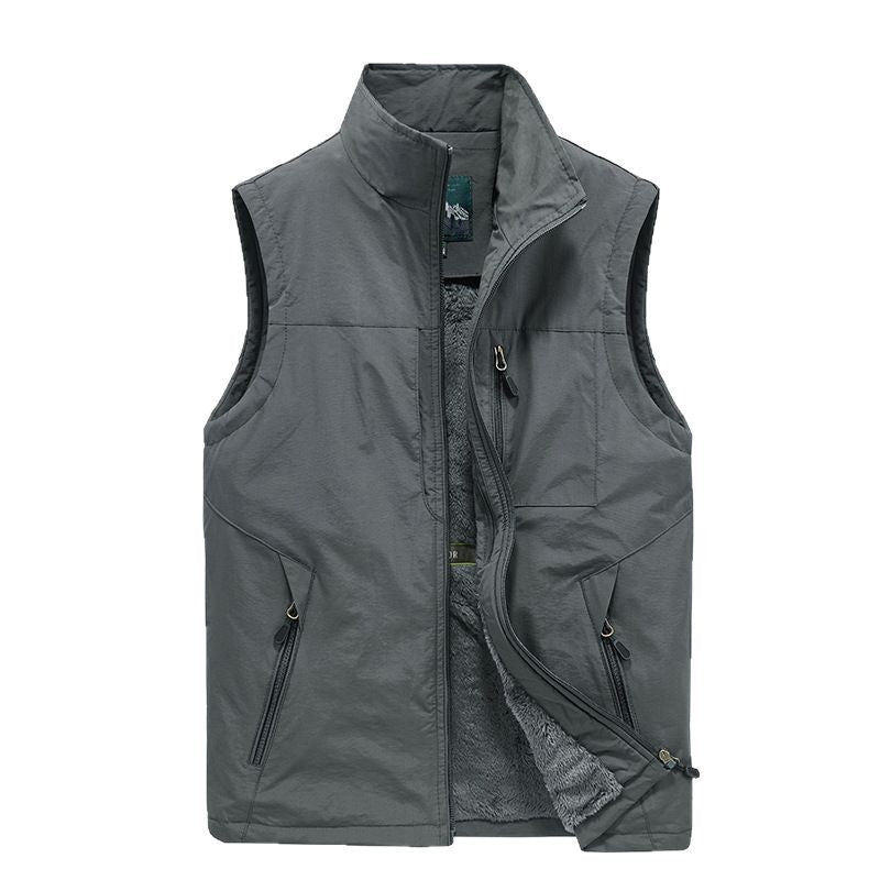Men's Quilted Fleece-Lined Outdoor Vest with Stand-Up Collar and Zipper Pockets Chichicherry