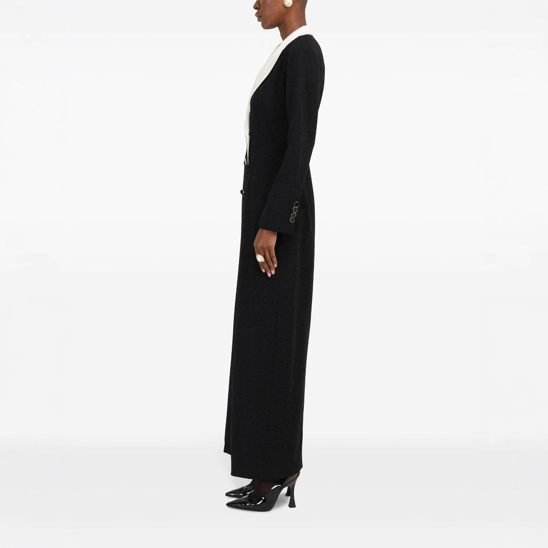 Women's Double-Breasted Long Blazer Dress with Tailored Silhouette and Contrast Lapels Chichicherry