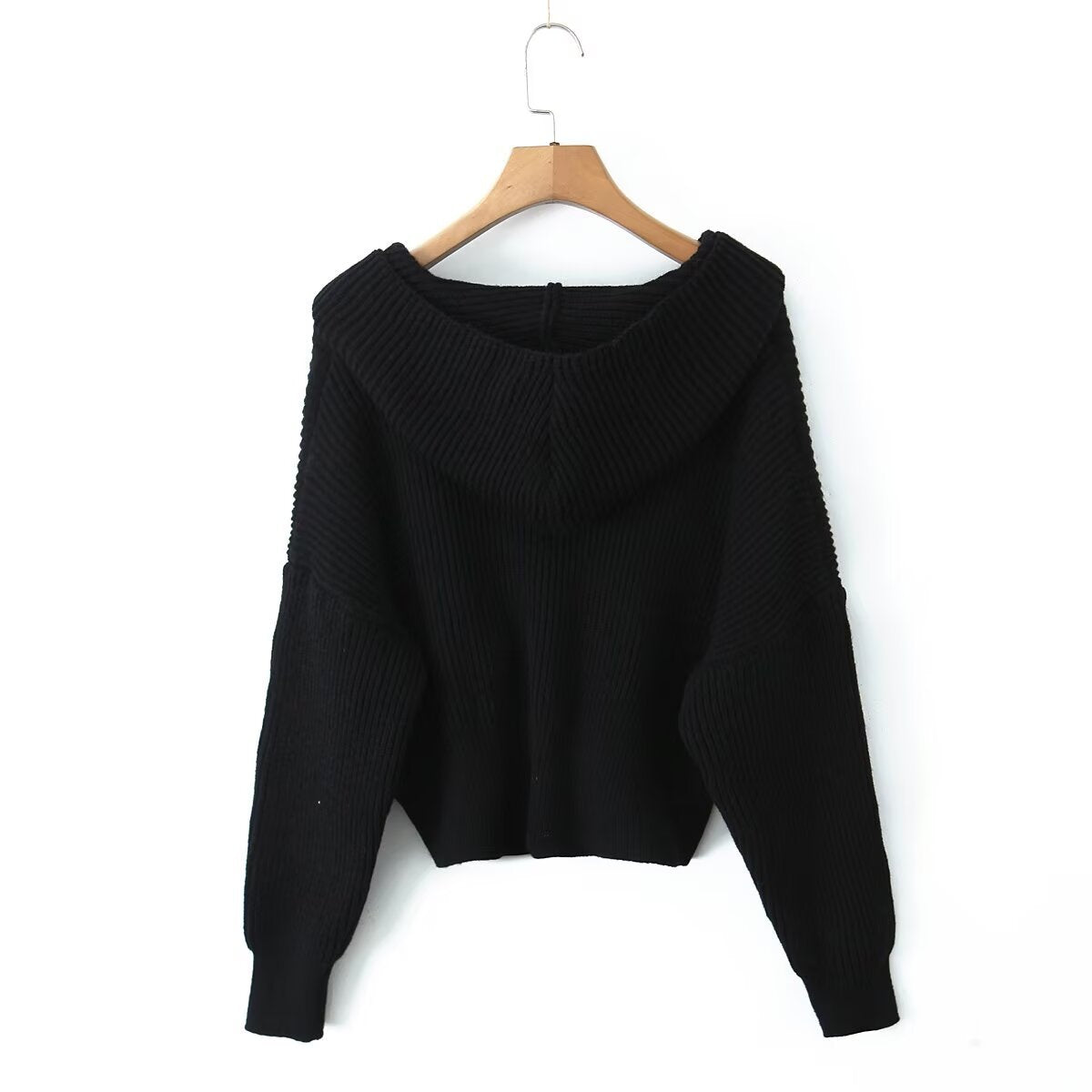 Women's Short Ribbed Knit Cardigan with Wide Hood Collar and Patch Pockets Chichicherry