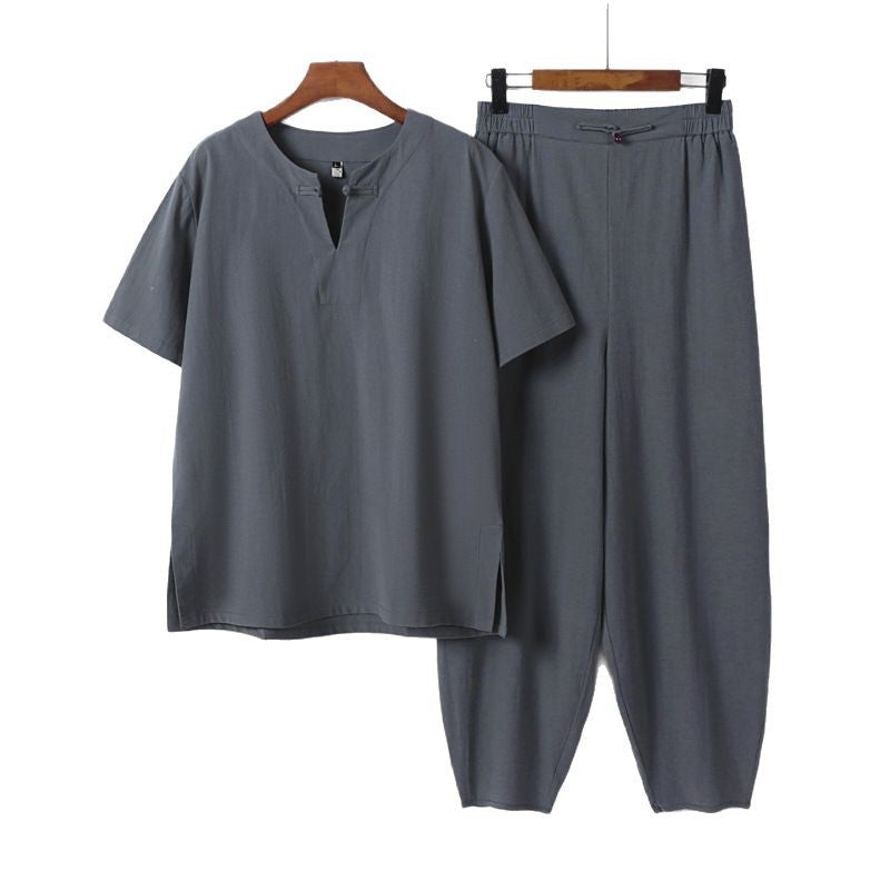 Men's Two-Piece Set with Short Sleeve Stand Collar Shirt and Elastic Harem Pants Chichicherry