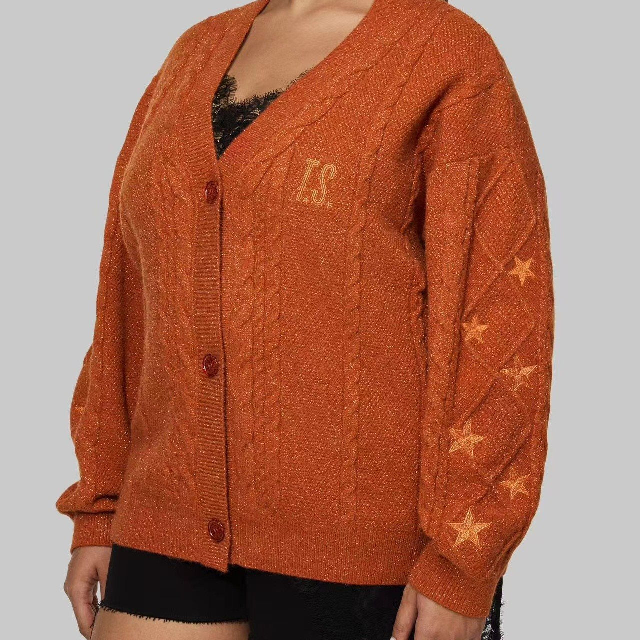 Women's knit cardigan with cable knit, star embroidery, and shiny threads Chichicherry