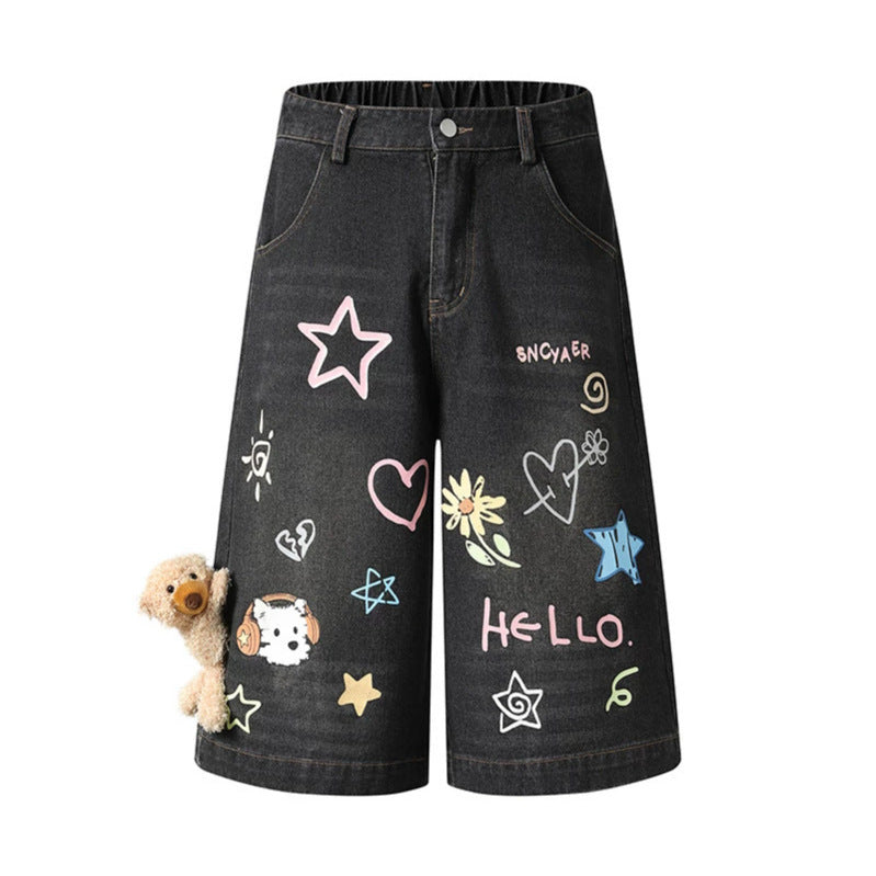 Women's playful denim culotte shorts with a high comfort waistband, allover doodle print & teddy pendant Chichicherry