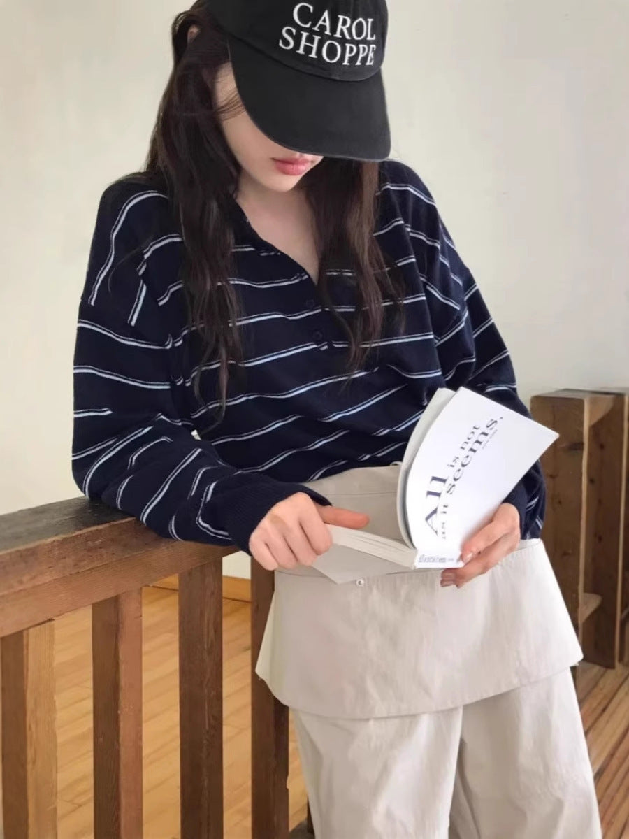 Women's Oversized Polo Collar Sweater with Stripes and Half Button Placket Chichicherry