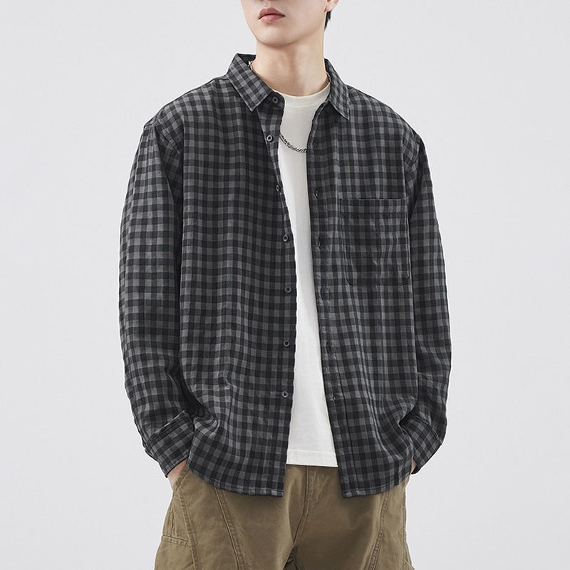 Herren Karierte Overshirt-Hemdjacke aus Baumwollmischung mit Brusttasche und lockerem Schnitt Chichicherry