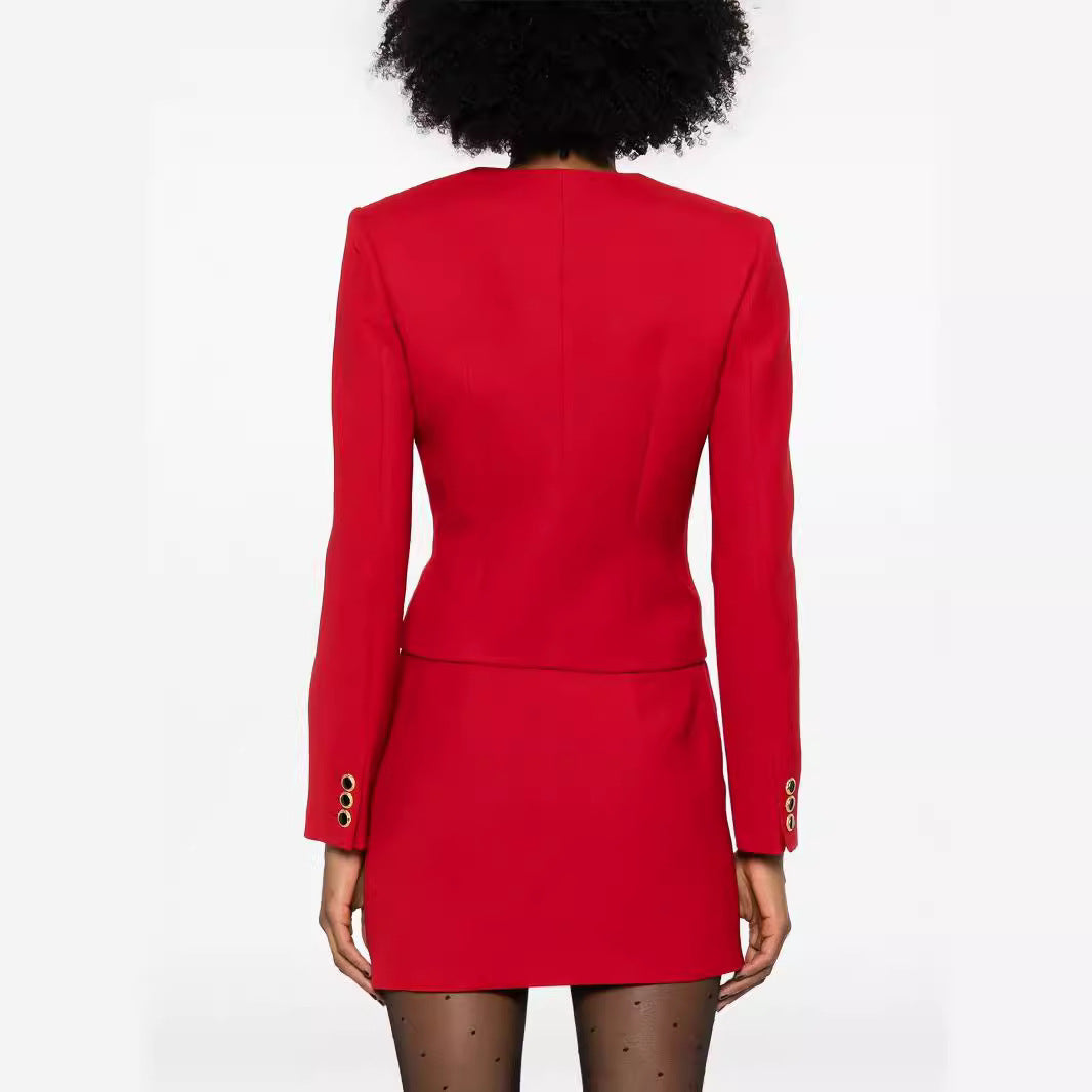Ladies Two-Piece Blazer Top with V-Neck and Wrap Mini Skirt in Tailoring Look Chichicherry
