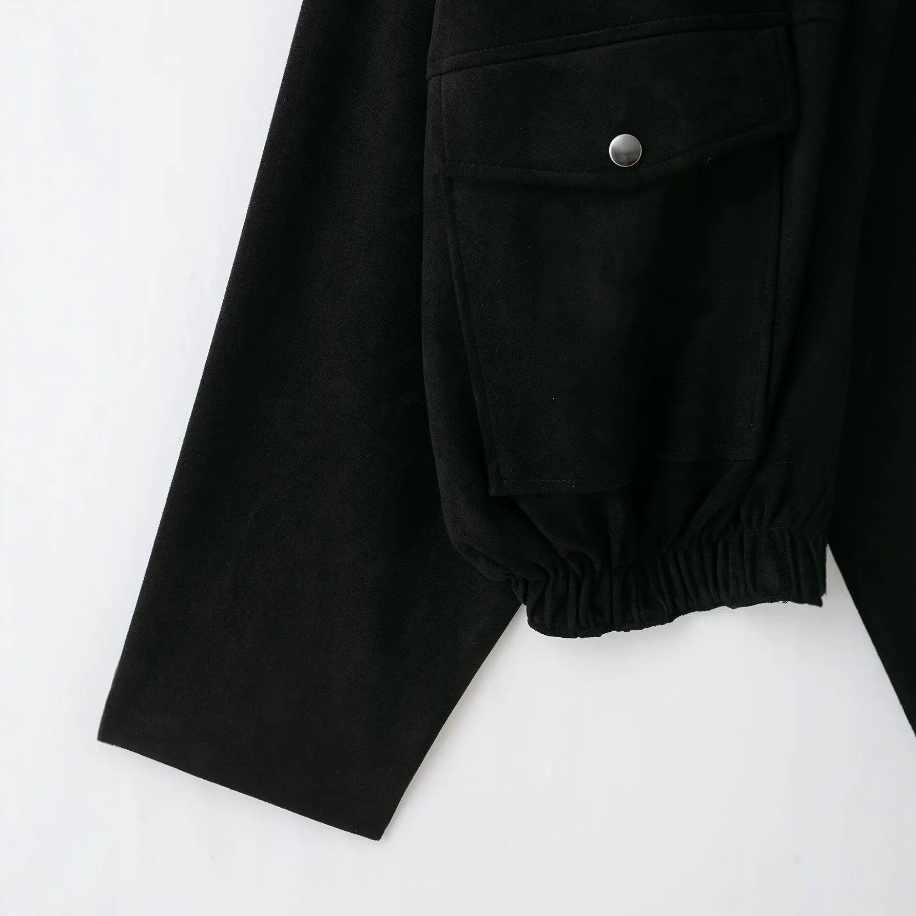 Women Short-cut Bomber Jacket made of Suede-look Fabric in Utility Look with Funnel Neck and Flap Pockets Chichicherry