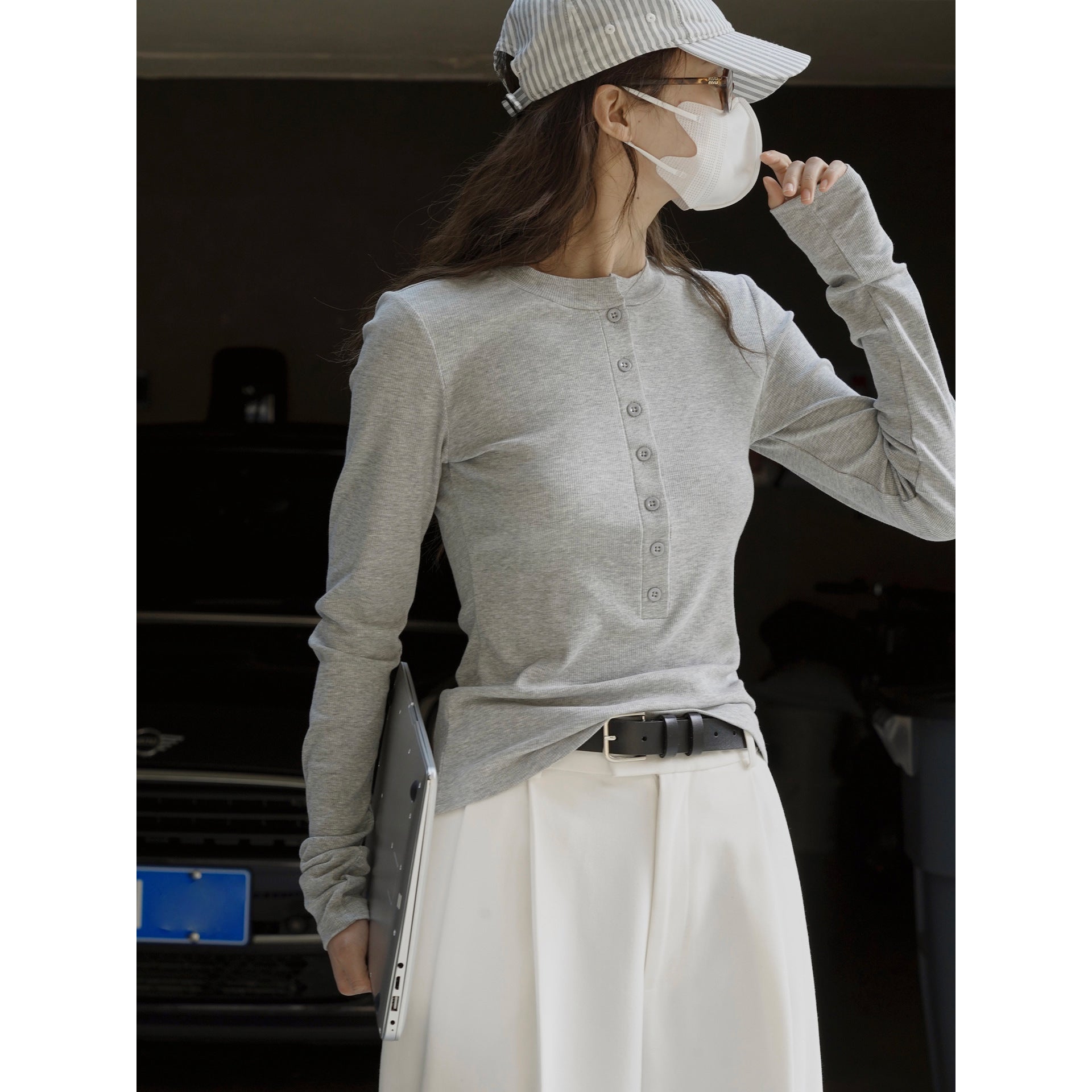 Women's Long Sleeve Henley Shirt with Button Placket and Slim Fit Chichicherry