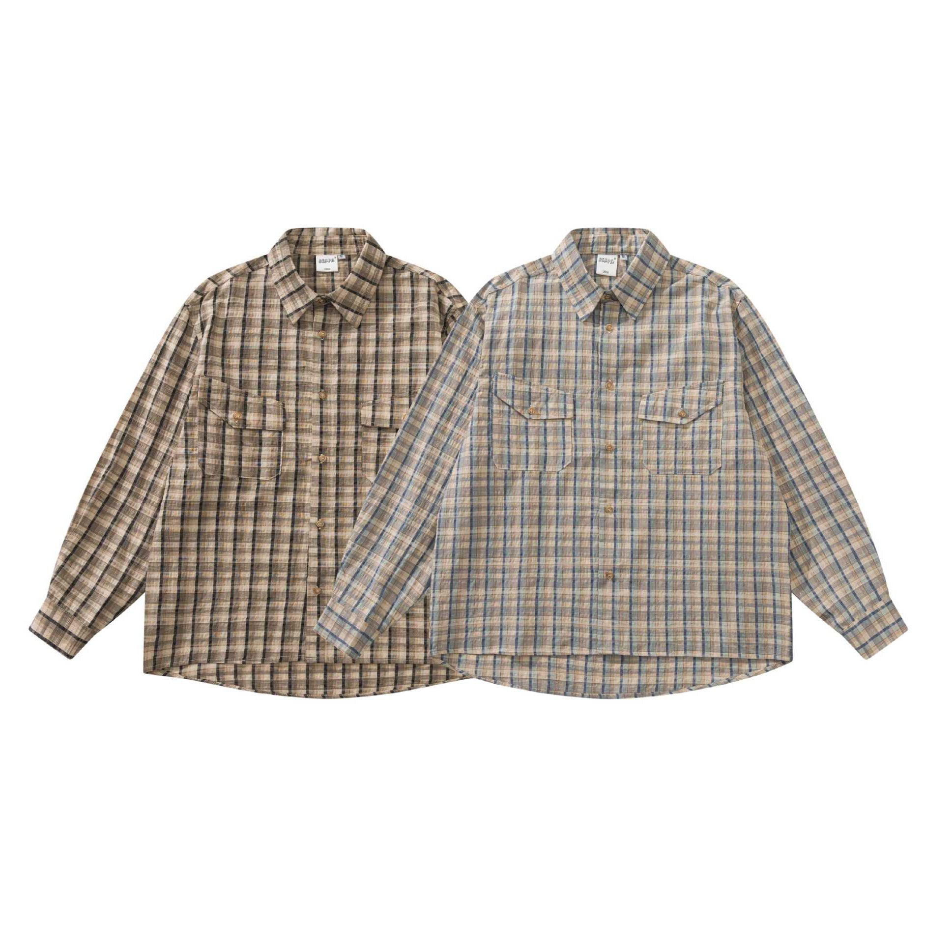 Men's Checked Linen Shirt Jacket with Patch Chest Pockets Chichicherry
