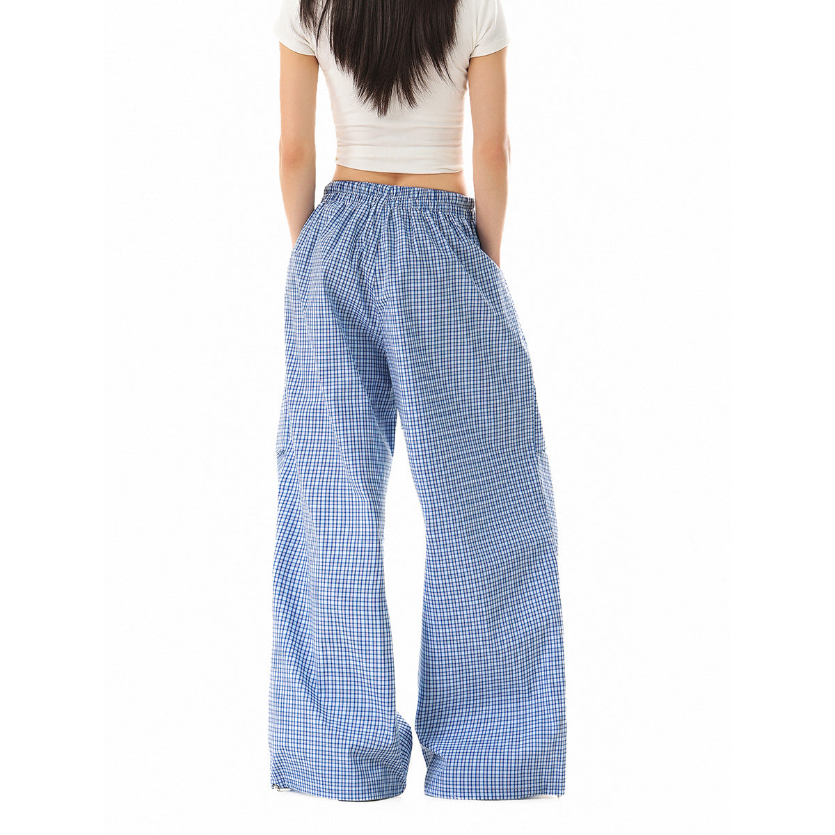 Women's wide cotton trousers with elastic waistband, check pattern and adjustable hem cord Chichicherry