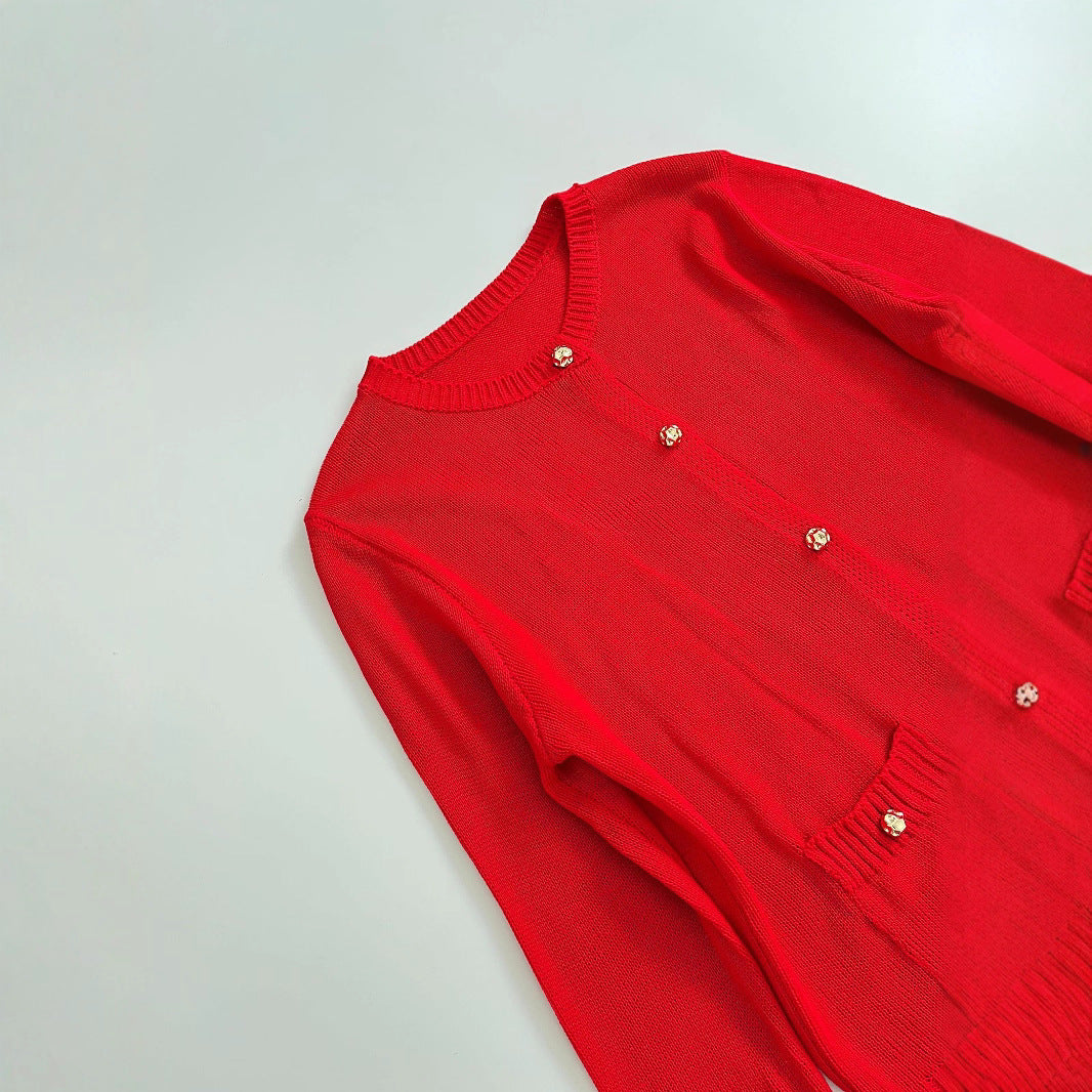 Women Fine Knit Cardigan with Decorative Buttons, Round Neckline and Patch Pockets Chichicherry