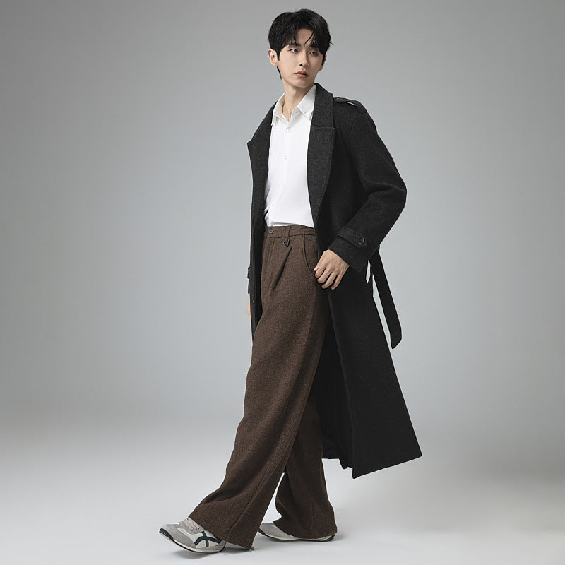 Men's maxi-length wool blend coat with tailored silhouette, shawl collar, and decorative shoulder straps Chichicherry
