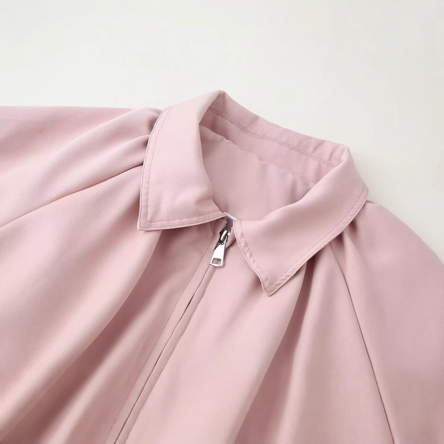 Women's Cropped Bomber Jacket with Shirt Collar, Zipper and Gathered Hem Chichicherry