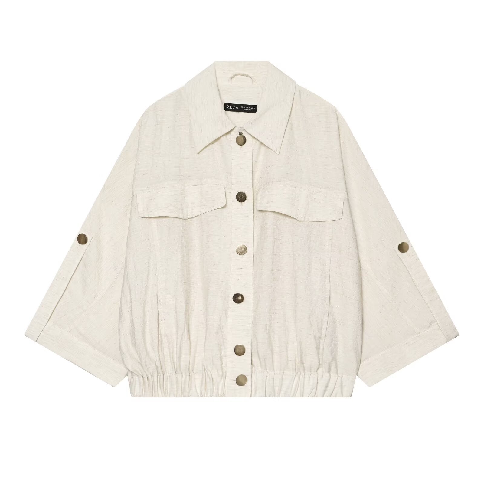 Women Loose-Fit Lightweight Shirt Jacket with Three-Quarter Sleeves, Chest Pockets and Elastic Hem Chichicherry