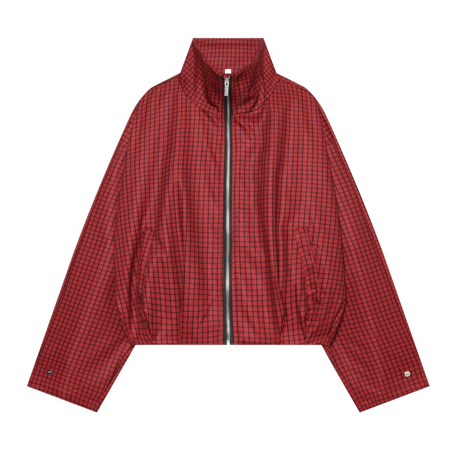 Women's Checked Cropped Bomber Jacket with High Stand Collar, Elastic Hem and Full Zip Chichicherry