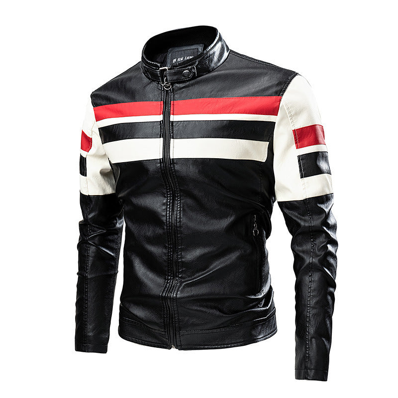 Men's biker jacket made of synthetic leather with contrasting stripes and stand-up collar Chichicherry